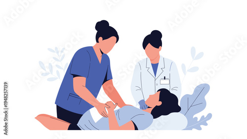 Two medical professionals in scrubs and lab coats performing a checkup or procedure on a pregnant patient in a clinic.