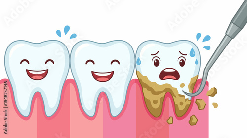 This playful cartoon shows three teeth, two happy and one sad, illustrating dental health and the impact of plaque, emphasizing the importance of oral hygiene for everyone.