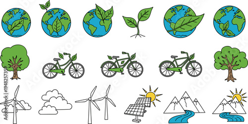 Collection of eco-friendly icons representing nature, renewable energy, and sustainable transport