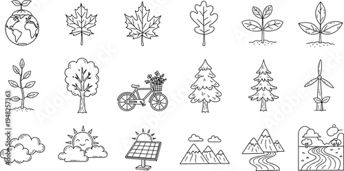 Collection of hand-drawn icons representing nature, ecology, and sustainable living concepts