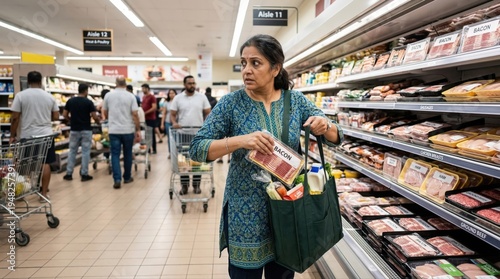 Woman secretly placing grocery item in handbag in supermarket. Concept of poverty survival and petty theft.