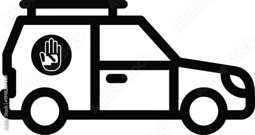 black and white stop hand sign on emergency vehicle