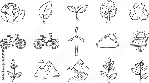 Collection of hand-drawn icons representing environmental conservation and renewable energy sources