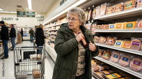 Senior female shopper hiding grocery product under jacket in store. Concept of retail theft and social hardship.