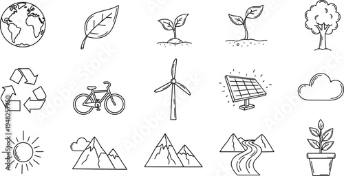 Collection of hand-drawn icons representing nature, environment, and renewable energy sources