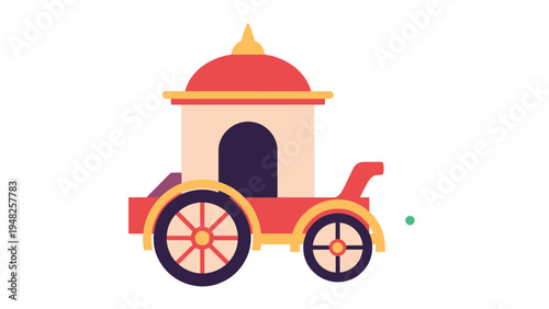 Simple colorful graphic of a small royal carriage or chariot with four wheels and a domed roof in a flat style.