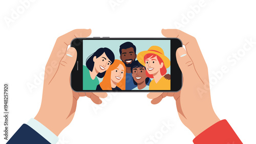Pair of hands holding a smartphone displaying a smiling group of friends taking a selfie together on the screen.