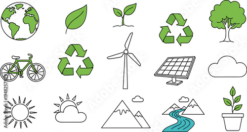 Collection of eco-friendly icons representing nature, sustainability, and renewable energy sources