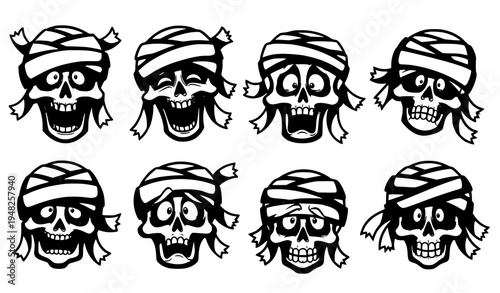 Funny Halloween mummy skull heads with spooky cartoon expressions wrapped in bandages vector icon set