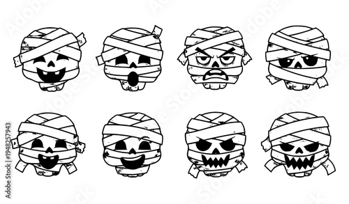Cute spooky mummy skull faces with different cartoon expressions Halloween bandaged skull vector set