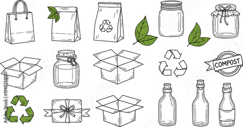 Collection of hand-drawn eco-friendly packaging and recycling symbols