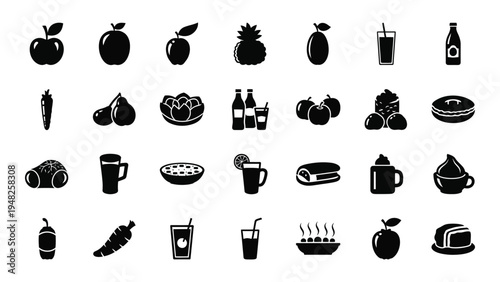 A comprehensive collection of food and beverage icons featuring various fruits, drinks, and meals