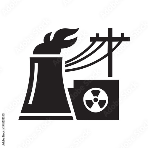 A stark black and white illustration depicting a nuclear power plant with cooling towers and warning signs