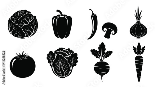 Vegetable icons set including various types of produce such as leafy greens, root vegetables, and fresh fruit