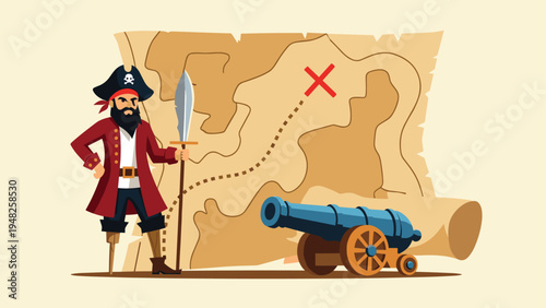 Tough pirate character with a peg leg standing in front of a treasure map with a red X and a large blue cannon.
