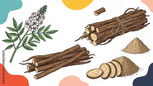 Botanical illustration of a licorice plant with purple flowers and stacks of its woody roots and ground powder.