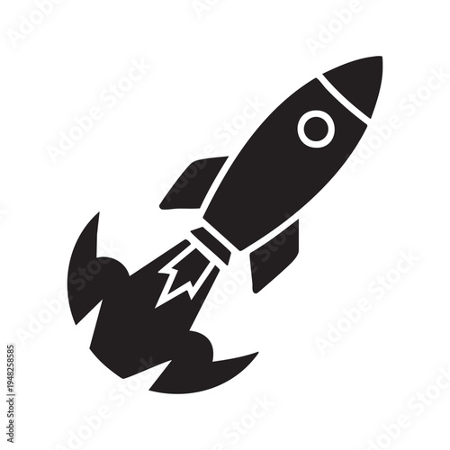 A stylized black silhouette of a rocket launching with visible flames and a circular window