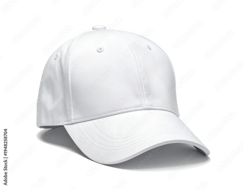 Fototapeta premium Plain white baseball cap on a white background, showing texture