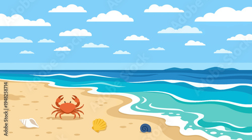 Sunny tranquil beach scene with crab, shells and rolling turquoise waves along the shore.