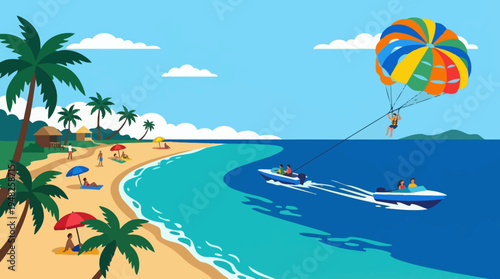 Tranquil tropical beach with palm trees, parasail, and clear blue water along a sunny coastline.