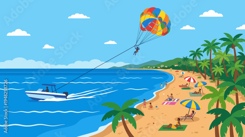 Colorful Beach Scene with Palm Trees, Sunshiny Sky, Parasol, and Parasol Parasail over a Tropical Coastline.