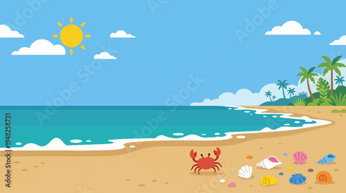 Sunny tropical beach scene with a red crab, seashells, and palm trees along the shoreline.