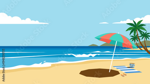Sunny tropical beach scene with palm trees, umbrella, and calm waves along a sandy shoreline with clear blue water.