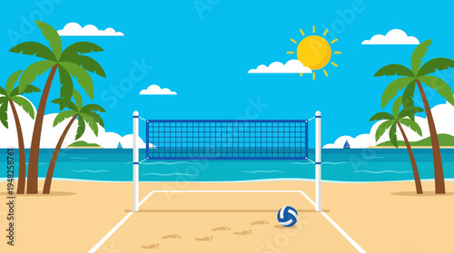 Sunny beach volleyball court on golden sand with palm trees and clear blue sky.