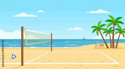 Sunny Beach Volleyball Scene with Palm Trees along the Shore and Ocean.