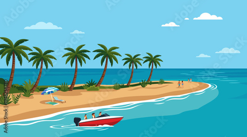 Sunny Tropical Island Beach Scene with Palm Trees and Ocean.