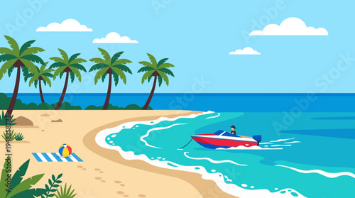 Sunlit Tropical Beach Scene with Palm Trees by the Ocean and a Boat on the Shore.