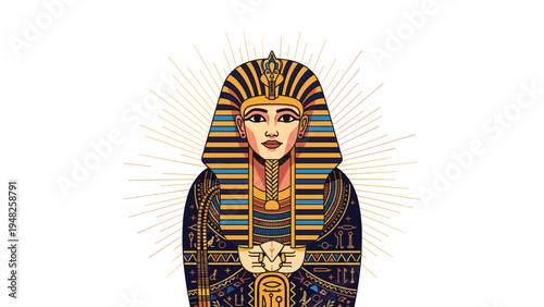 Detailed illustration of an ancient Egyptian Pharaoh mask or sarcophagus lid with gold and blue stripes and hieroglyphs.