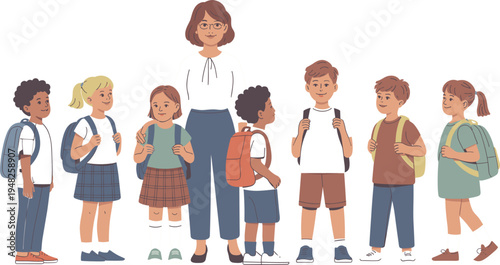 Female Teacher and Diverse Group of Elementary Students with Backpacks Standing Together for School Education Concept