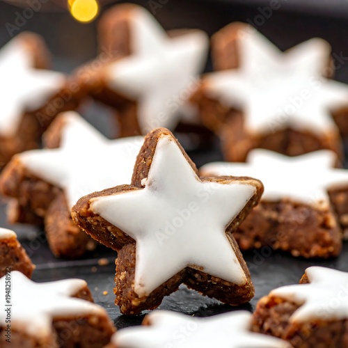 Star cookies iced with white sit atop a dark surface, festive