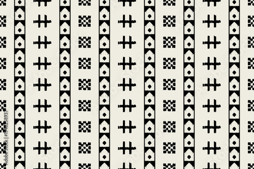 Black Tribal Ethnic Seamless Pattern with Geometric Folk Motifs, Minimal Ikat Style Textile Background in Beige and Black, Traditional Boho Ornament Repeat Design for Fabric, Wallpaper, Packaging