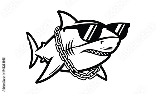 Cool shark wearing sunglasses and heavy metal chain necklace profile