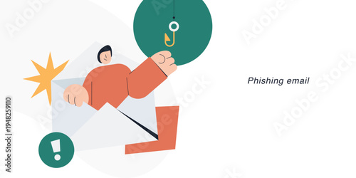 Flat style illustration of a person coming out of email envelope reaching a fish hook with exclamation warning sign, representing phishing email, cyber attack and online scam concept.