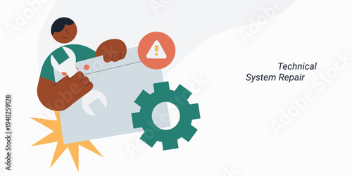 Flat style illustration of a person holding wrench fixing a browser window with gear and warning sign, representing technical system repair, maintenance and IT support concept.