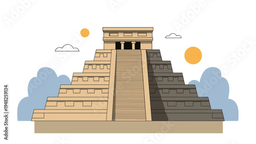 Ancient Mayan step pyramid of Chichen Itza stands tall under a sunny sky with soft clouds in a clean flat illustration style.