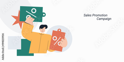 Flat style illustration of a man person holding two discount percentage tag signs with burst star shape, representing sales promotion, special offer and marketing campaign concept.