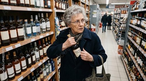 Old woman secretly hiding liquor bottle inside coat during shopping in supermarket. Concept of addiction poverty and petty crime.