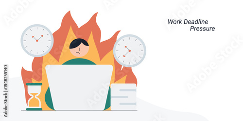 Flat style illustration of a stressed person working on laptop surrounded by fire, clocks and hourglass, representing work deadline pressure, burnout and overtime concept.
