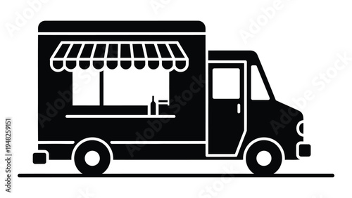 A black and white illustration of a food truck with a striped awning and a serving window