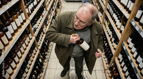 Top view of senior male shopper concealing alcohol bottle under jacket while watching for store staff. Concept of shoplifting social problems and economic struggle.