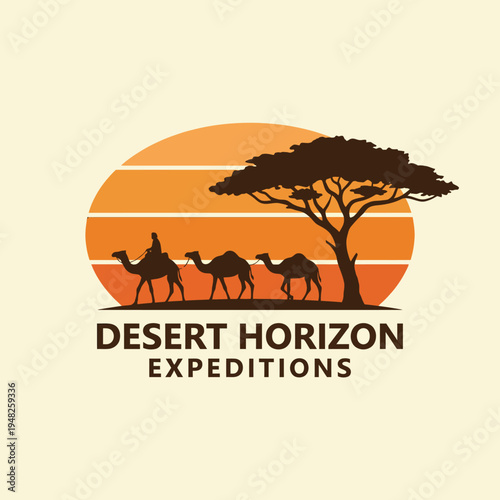 A logo featuring camels at sunset, symbolizing adventure and exploration in the desert. Perfect for travel agencies focusing on desert expeditions and tours.