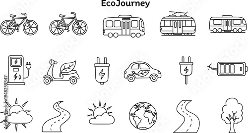 Eco-friendly transportation and energy icons for a sustainable journey