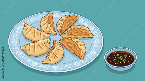 A delightful arrangement of golden dumplings on a plate, showcasing culinary tradition and cultural richness, complemented by a flavorful dipping sauce.