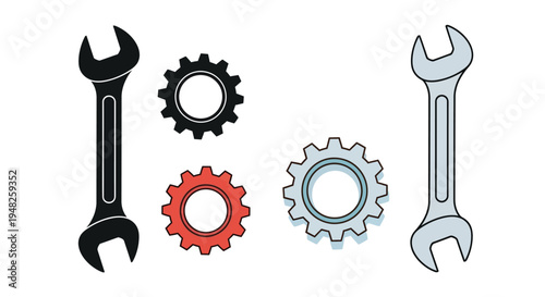 Construction worker icons and building silhouettes in a flat design