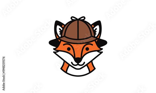 Cute cartoon detective fox wearing a deerstalker hat and smiling