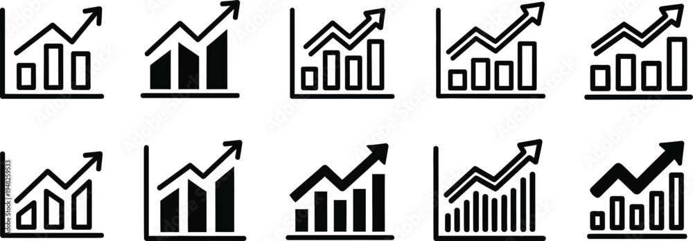 Fototapeta premium Collection of black and white graph icons with arrows indicating growth and trends